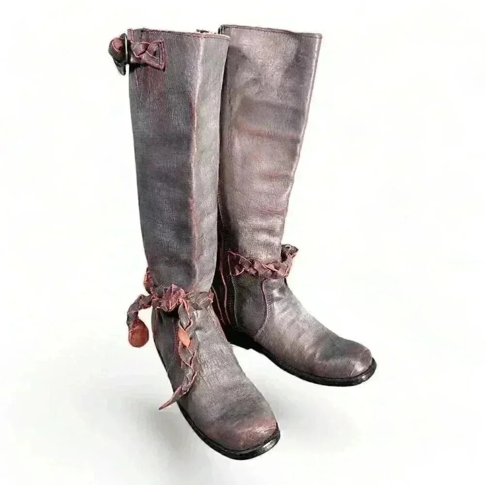 Bed Stu Bovine Boots Blueish Gray Rustic Red 6 Distressed Tall Woven Tie Zip